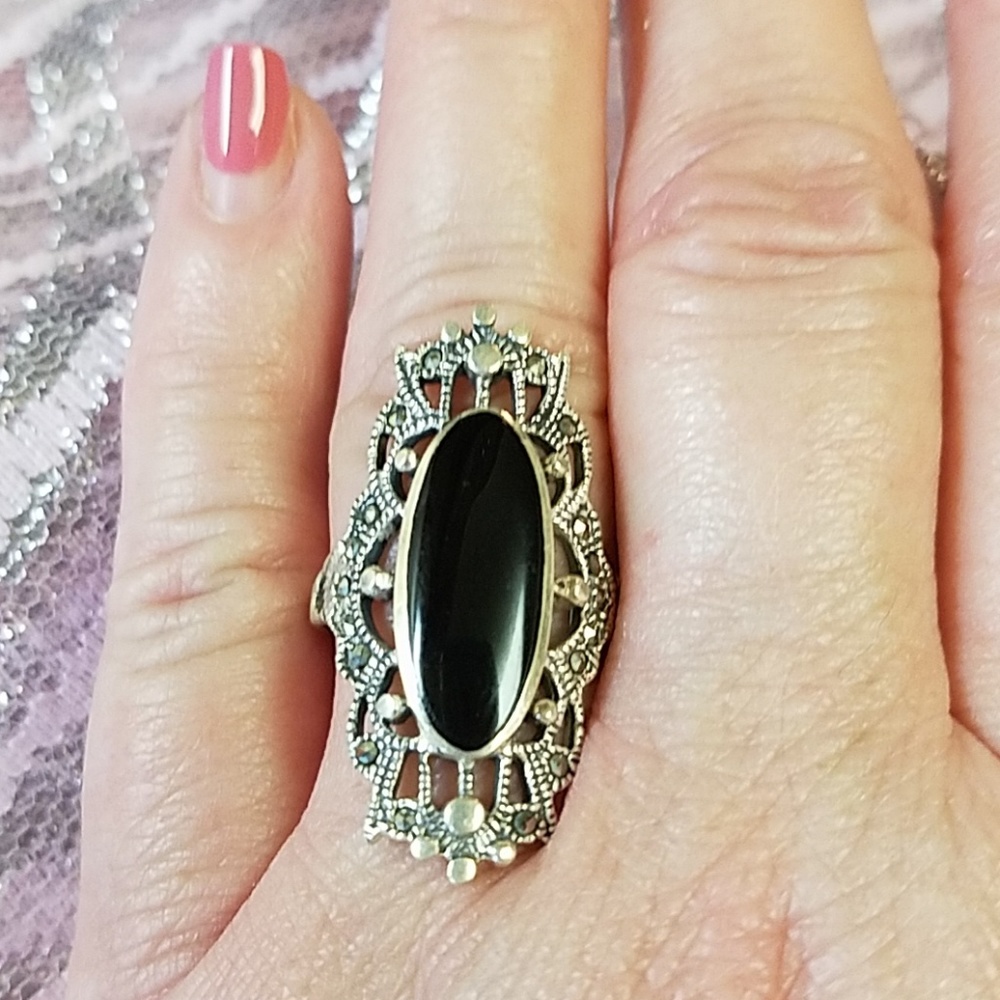 Sterling Silver Onyx Marcasite Ring